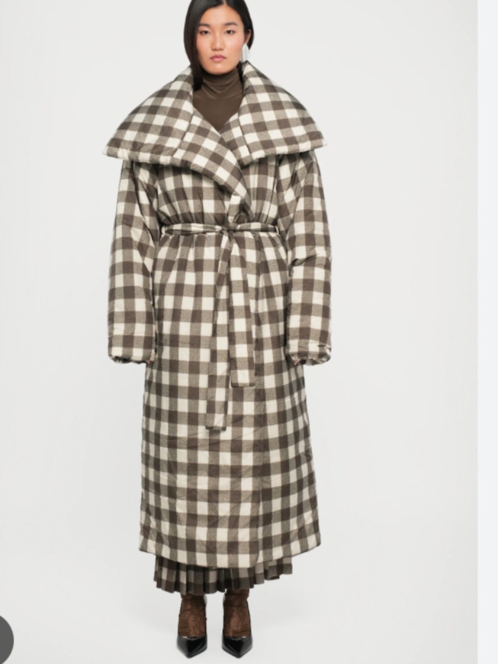 Norma Kamali plaid sleeping bag coat brown cream checkered pattern M/L - Picture 2 of 8